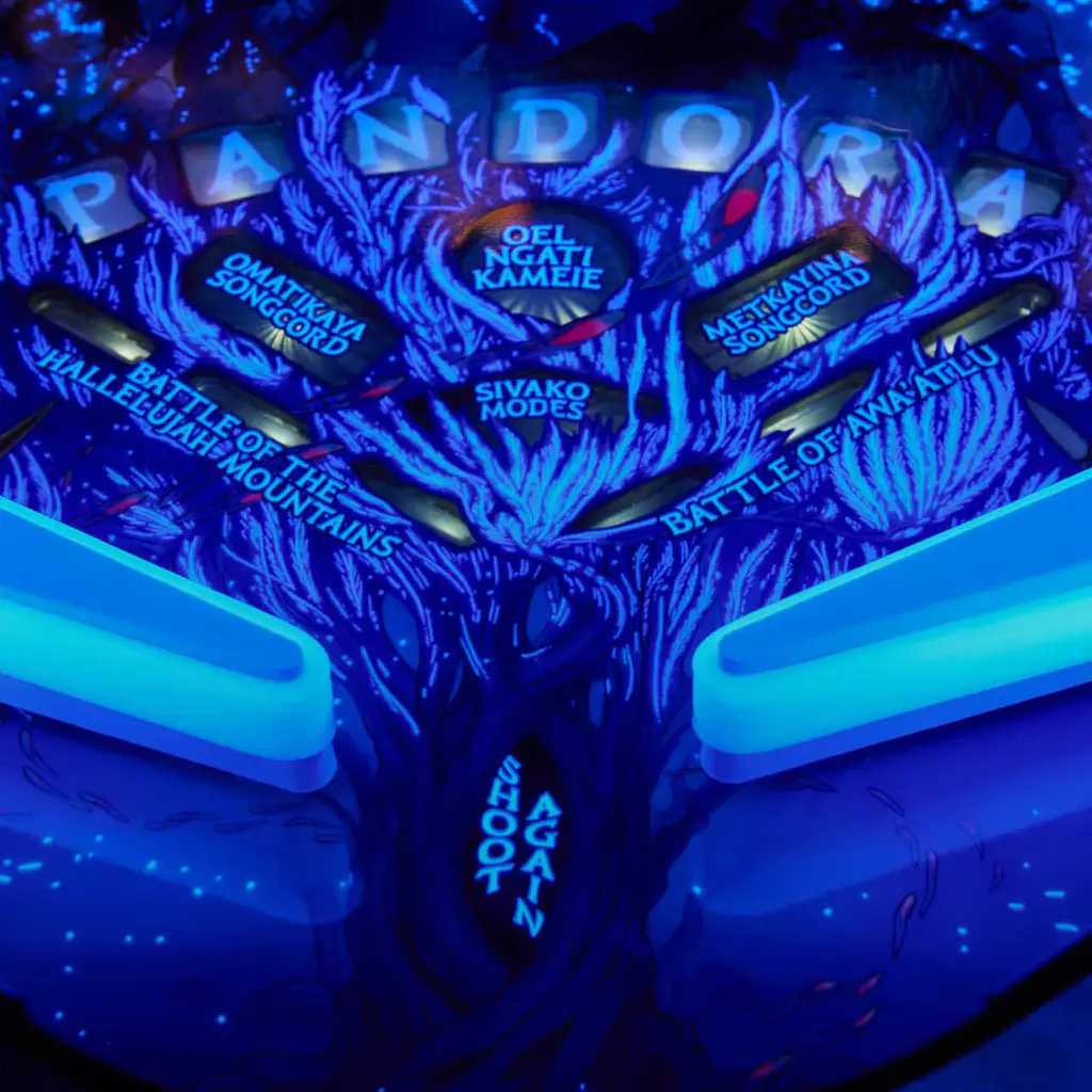 Le bas du plateau du flipper Avatar sous lumière ultraviolette : le décor bleu luit, le mot « Pandora » au-dessus des batteurs.