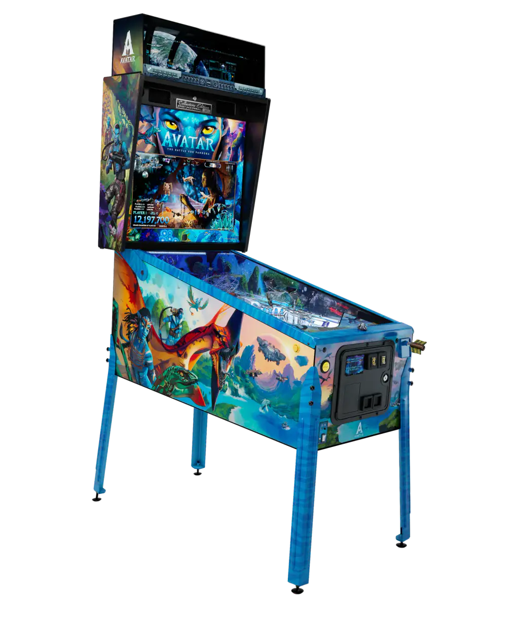 Visuel du fabricant : le flipper Avatar, Collector’s Edition, détouré, vu de trois quarts avec son fronton et ses pieds.