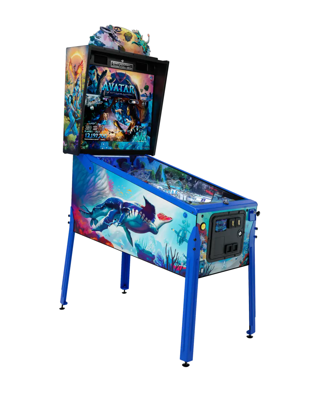 Visuel du fabricant : le flipper Avatar, Limited Edition, détouré, vu de trois quarts avec son fronton et ses pieds.