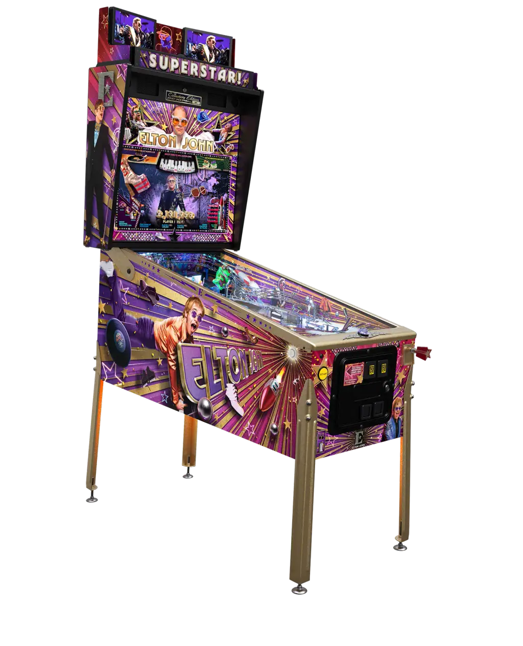 Visuel du fabricant : le flipper Elton John, Collector’s Edition, détouré, vu de trois quarts avec son fronton et ses pieds.