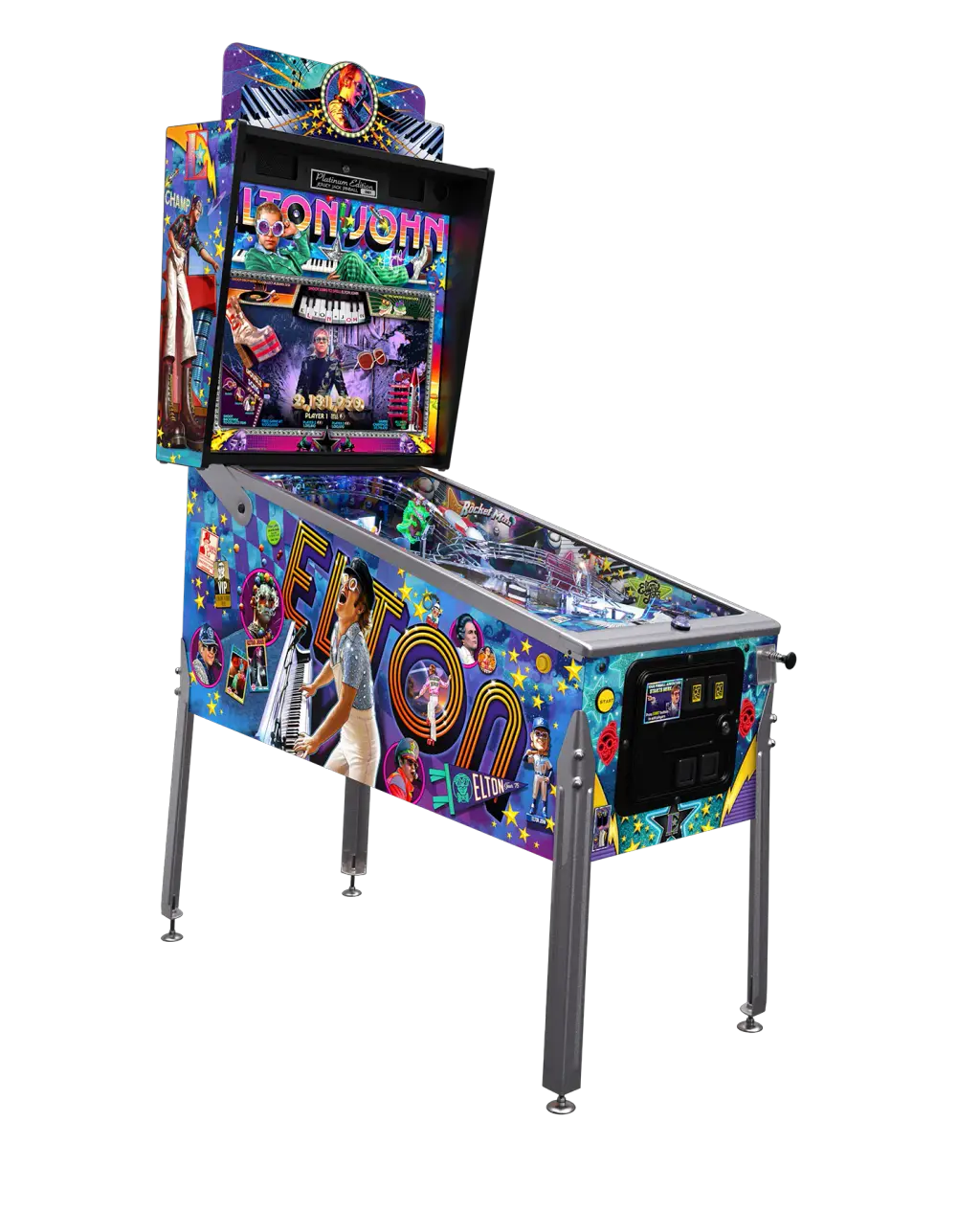 Visuel du fabricant : le flipper Elton John, Platinum Edition, détouré, vu de trois quarts avec son fronton et ses pieds.