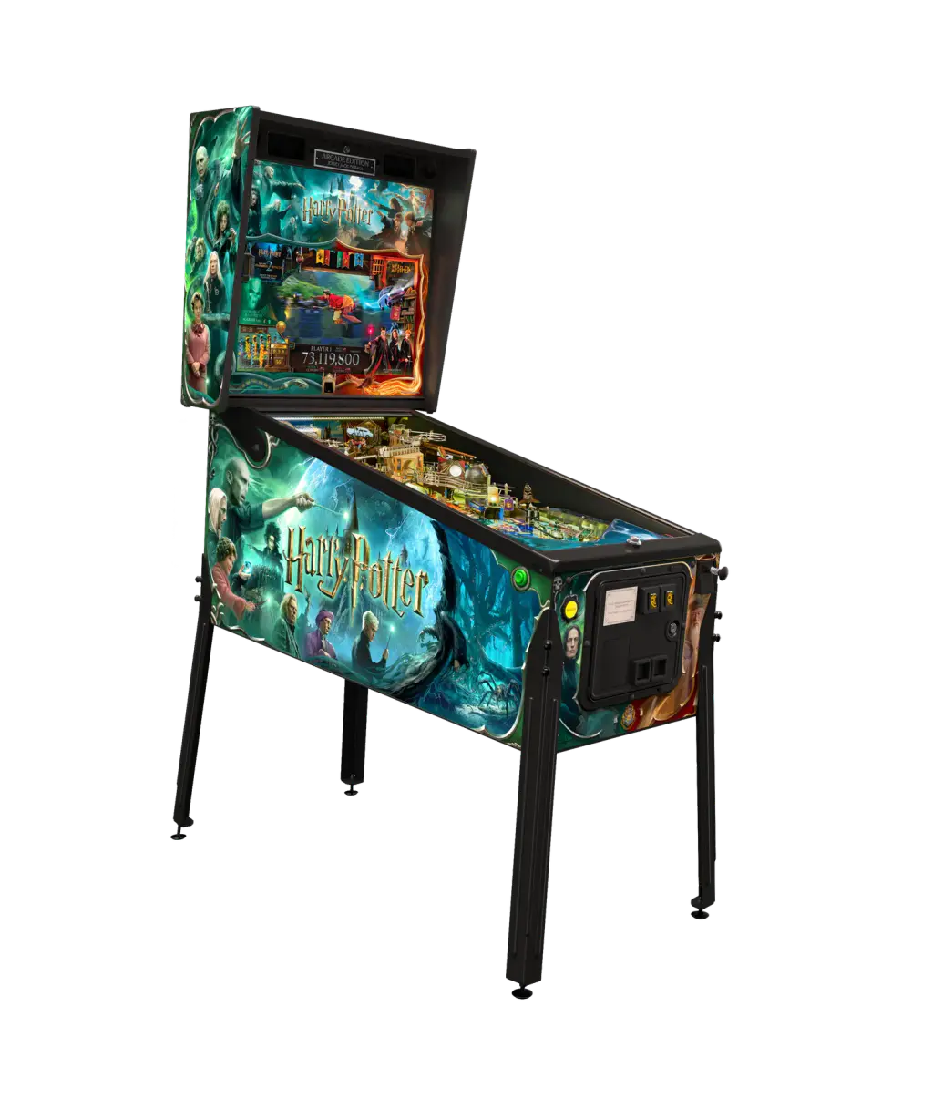 Visuel du fabricant : le flipper Harry Potter, Arcade Edition, détouré, vu de trois quarts avec son fronton et ses pieds.