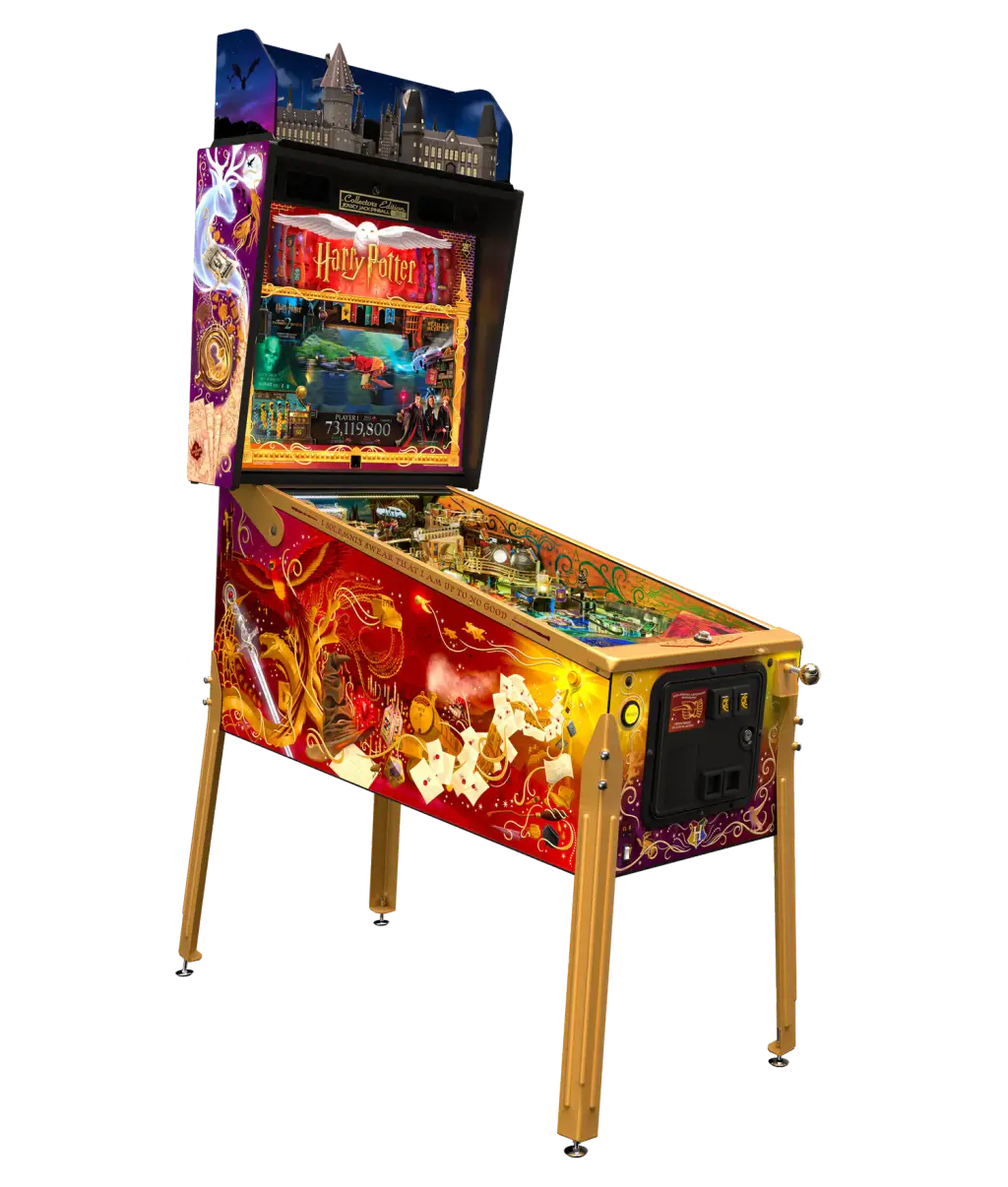Visuel du fabricant : le flipper Harry Potter, Collector’s Edition, détouré, vu de trois quarts avec son fronton et ses pieds.