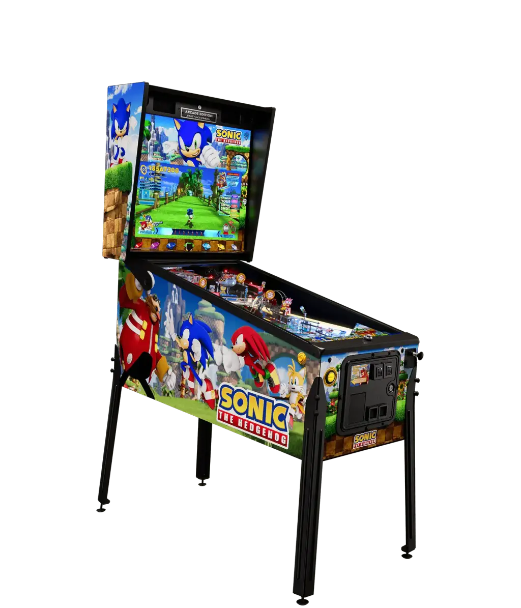 Visuel du fabricant : le flipper Sonic the Hedgehog, Arcade Edition, détouré, vu de trois quarts avec son fronton et ses pieds.