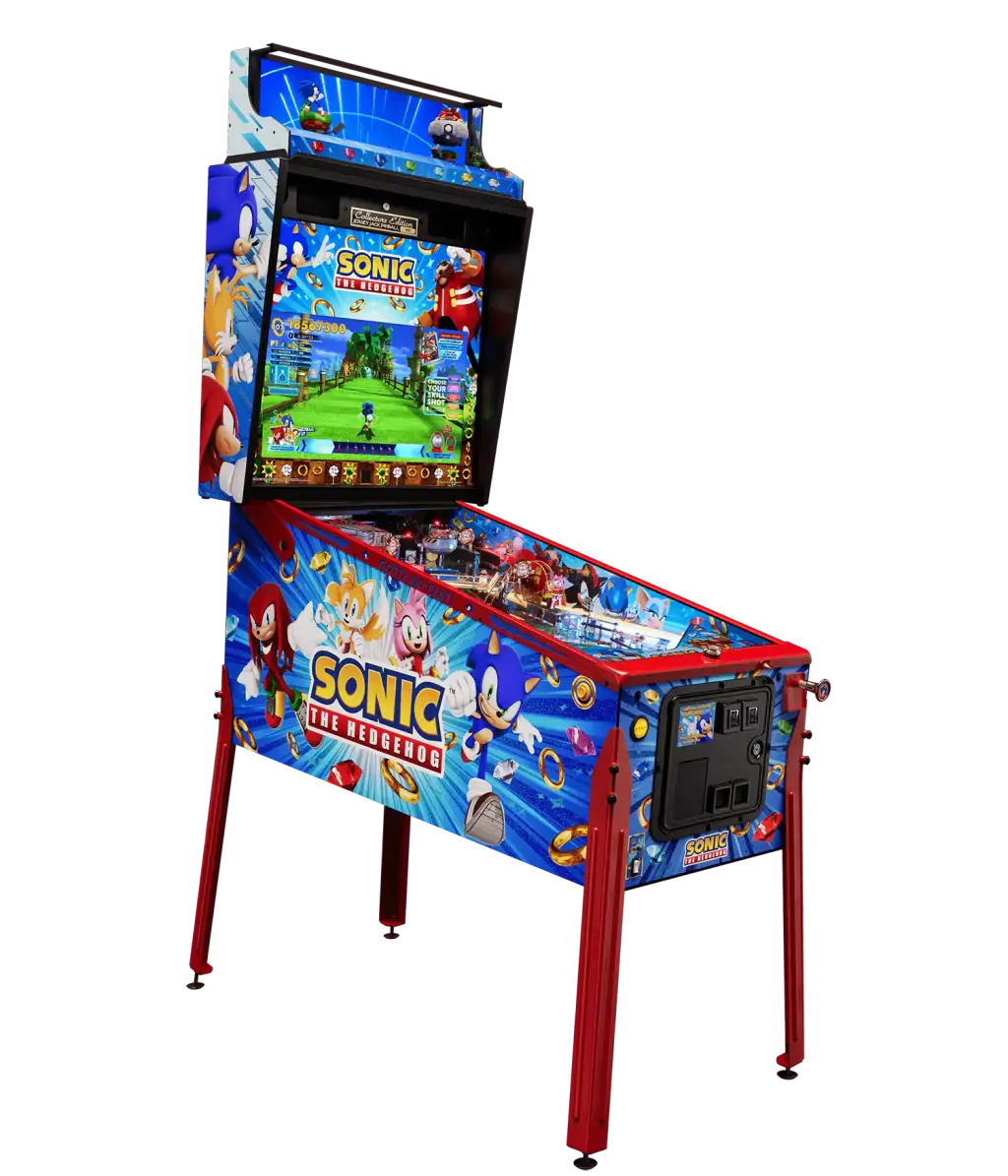 Visuel du fabricant : le flipper Sonic the Hedgehog, Collector’s Edition, détouré, vu de trois quarts avec son fronton et ses pieds.