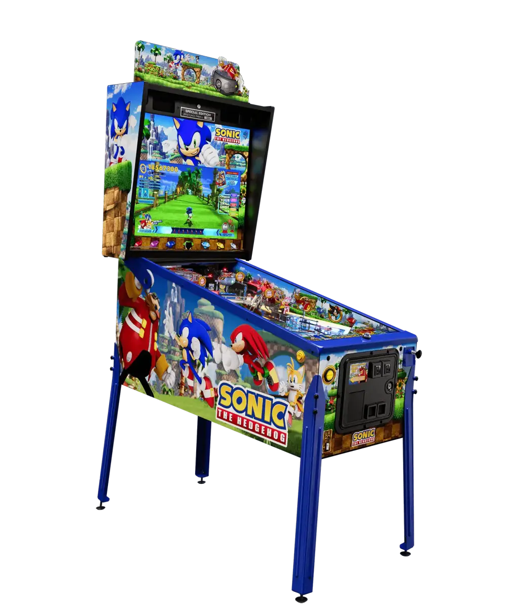 Visuel du fabricant : le flipper Sonic the Hedgehog, Special Edition, détouré, vu de trois quarts avec son fronton et ses pieds.