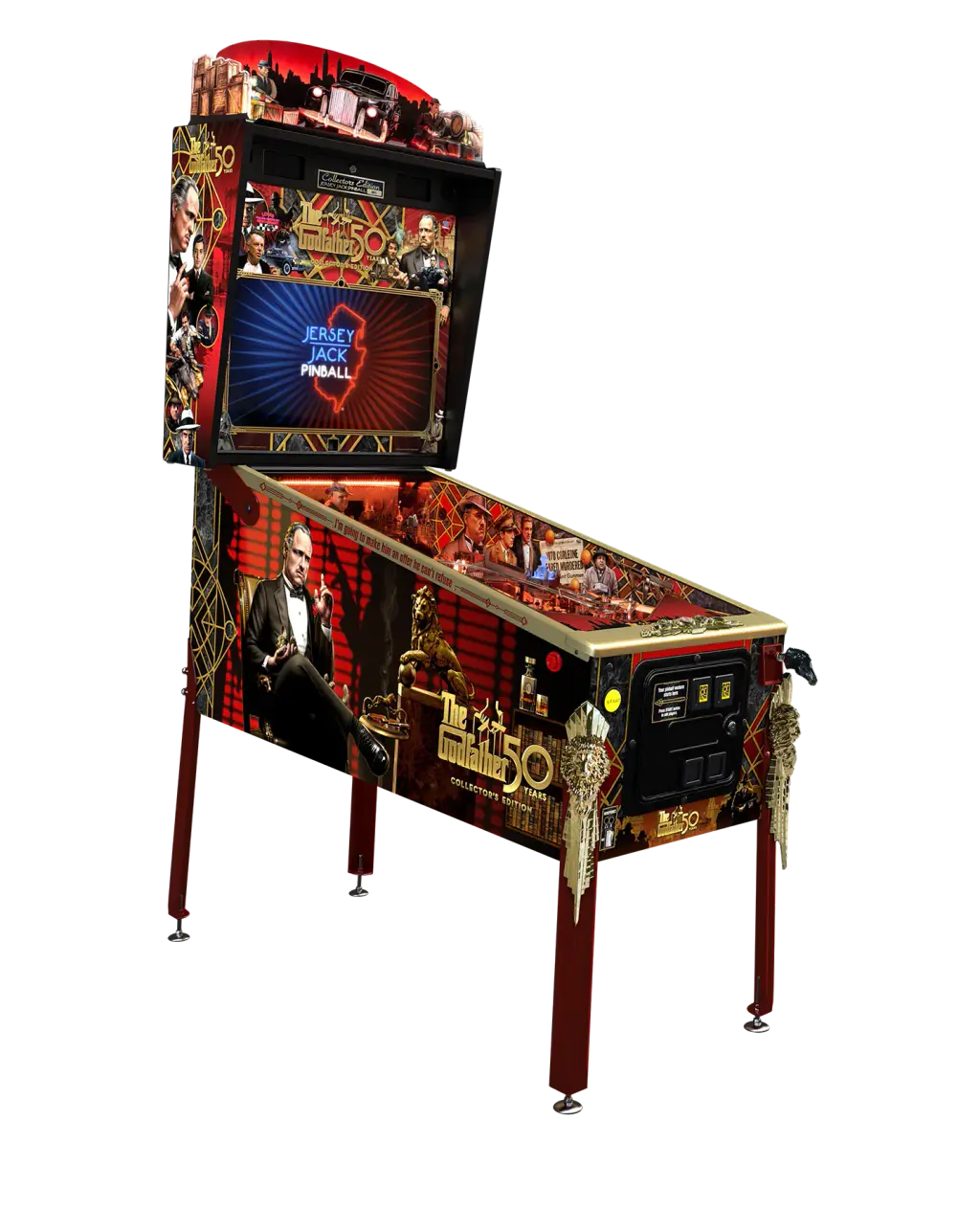 Visuel du fabricant : le flipper The Godfather, Collector’s Edition, détouré, vu de trois quarts avec son fronton et ses pieds.