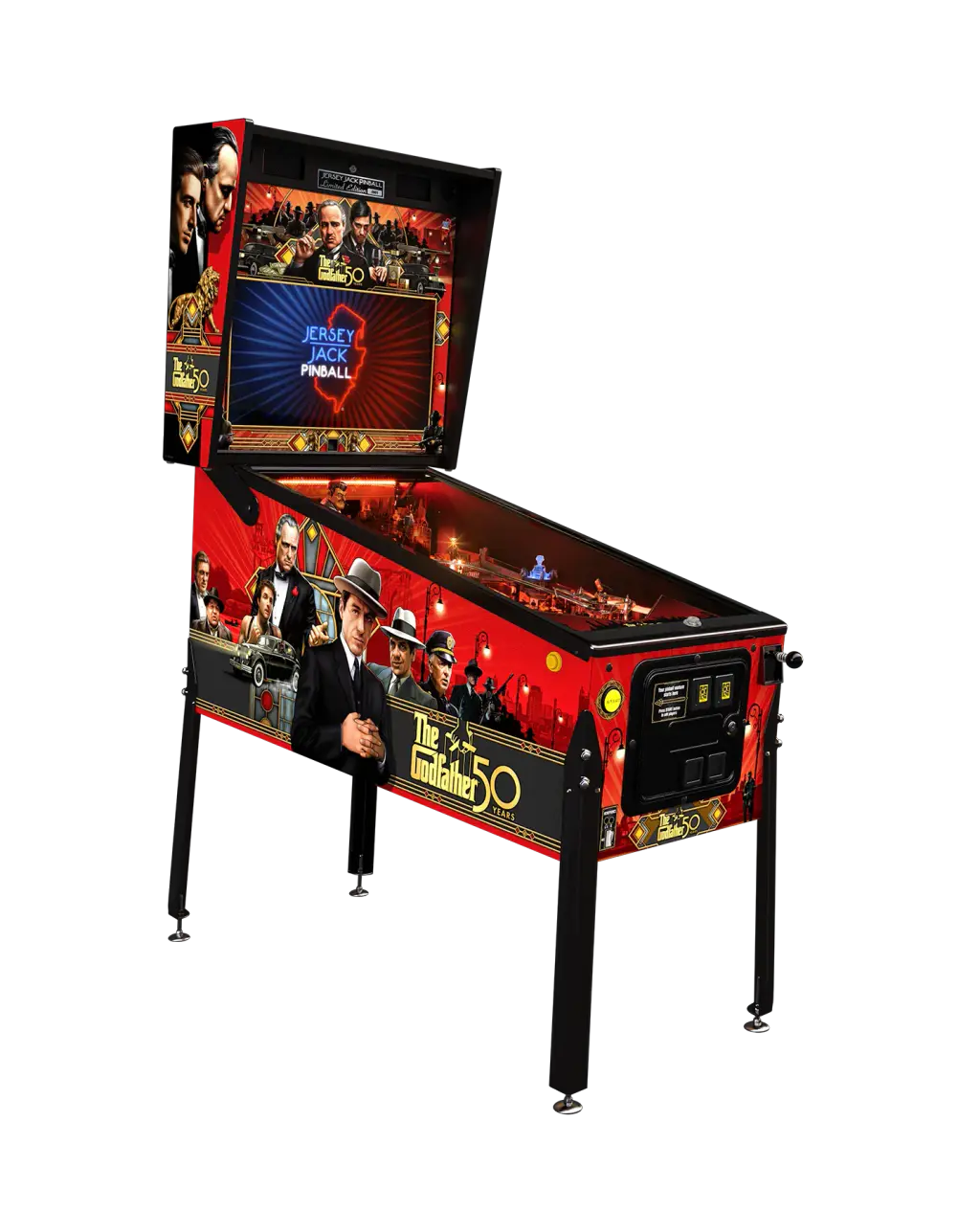 Visuel du fabricant : le flipper The Godfather, Limited Edition, détouré, vu de trois quarts avec son fronton et ses pieds.