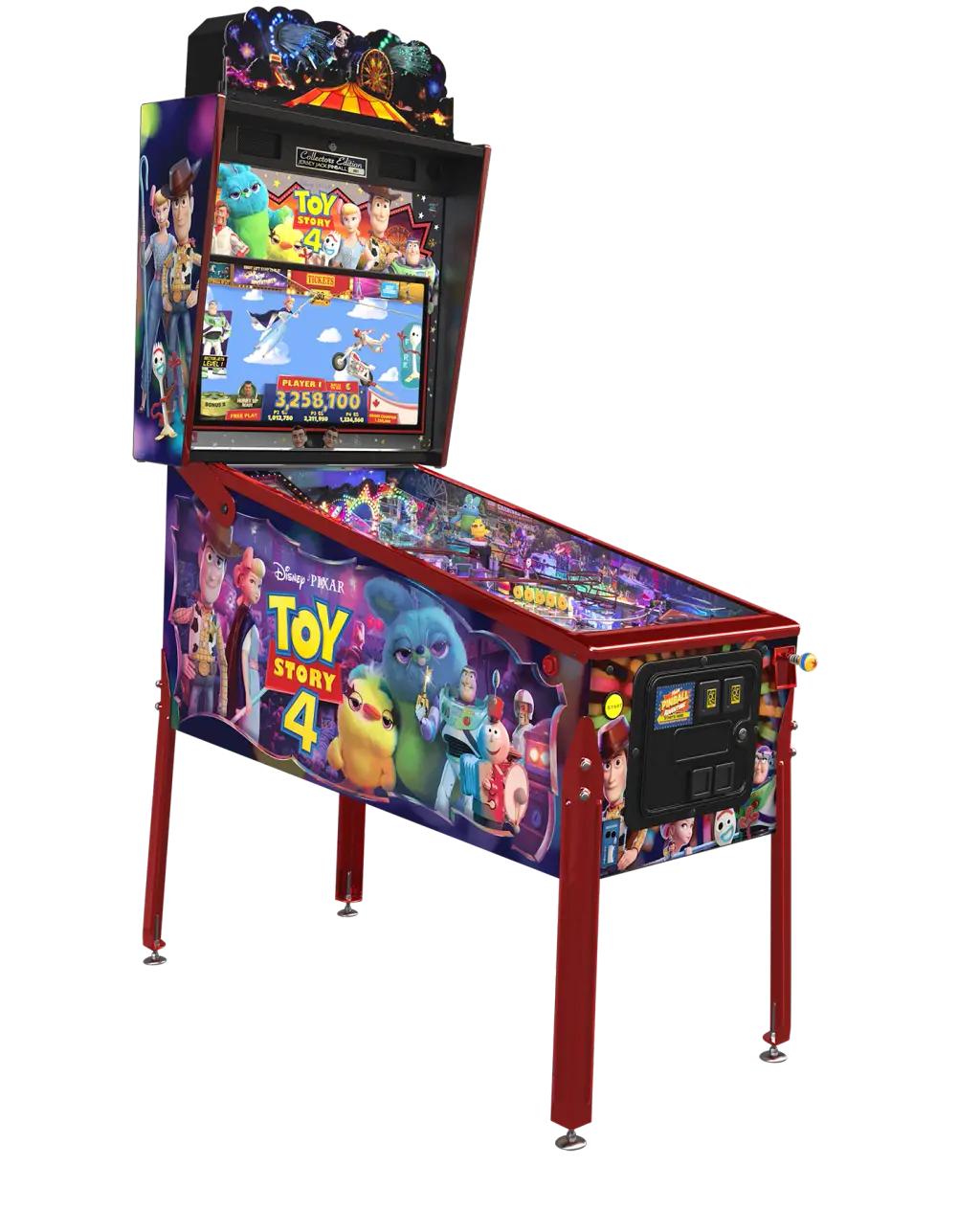 Visuel du fabricant : le flipper Toy Story 4, Collector’s Edition, détouré, vu de trois quarts avec son fronton et ses pieds.