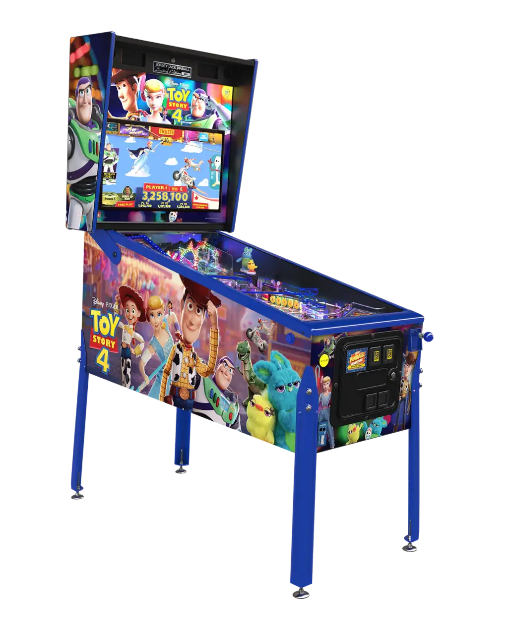 Visuel du fabricant : le flipper Toy Story 4, Limited Edition, détouré, vu de trois quarts avec son fronton et ses pieds.