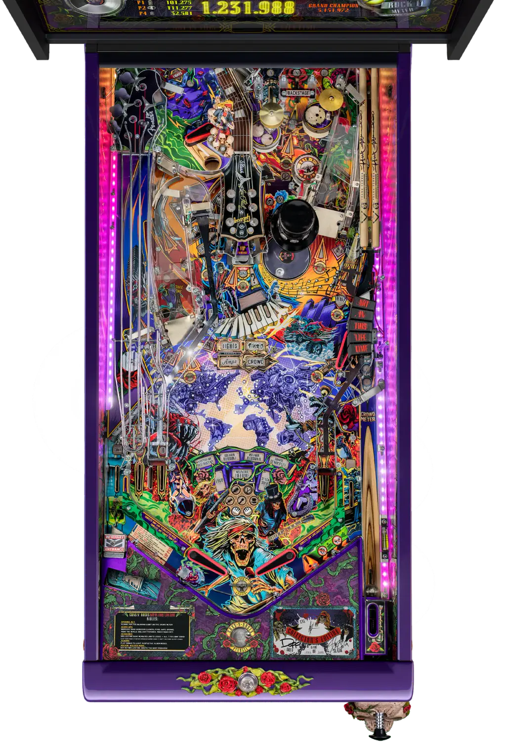 Visuel du fabricant : le plateau du flipper Guns N’ Roses vu de dessus, en entier, avec ses rampes, ses cibles et ses décors.