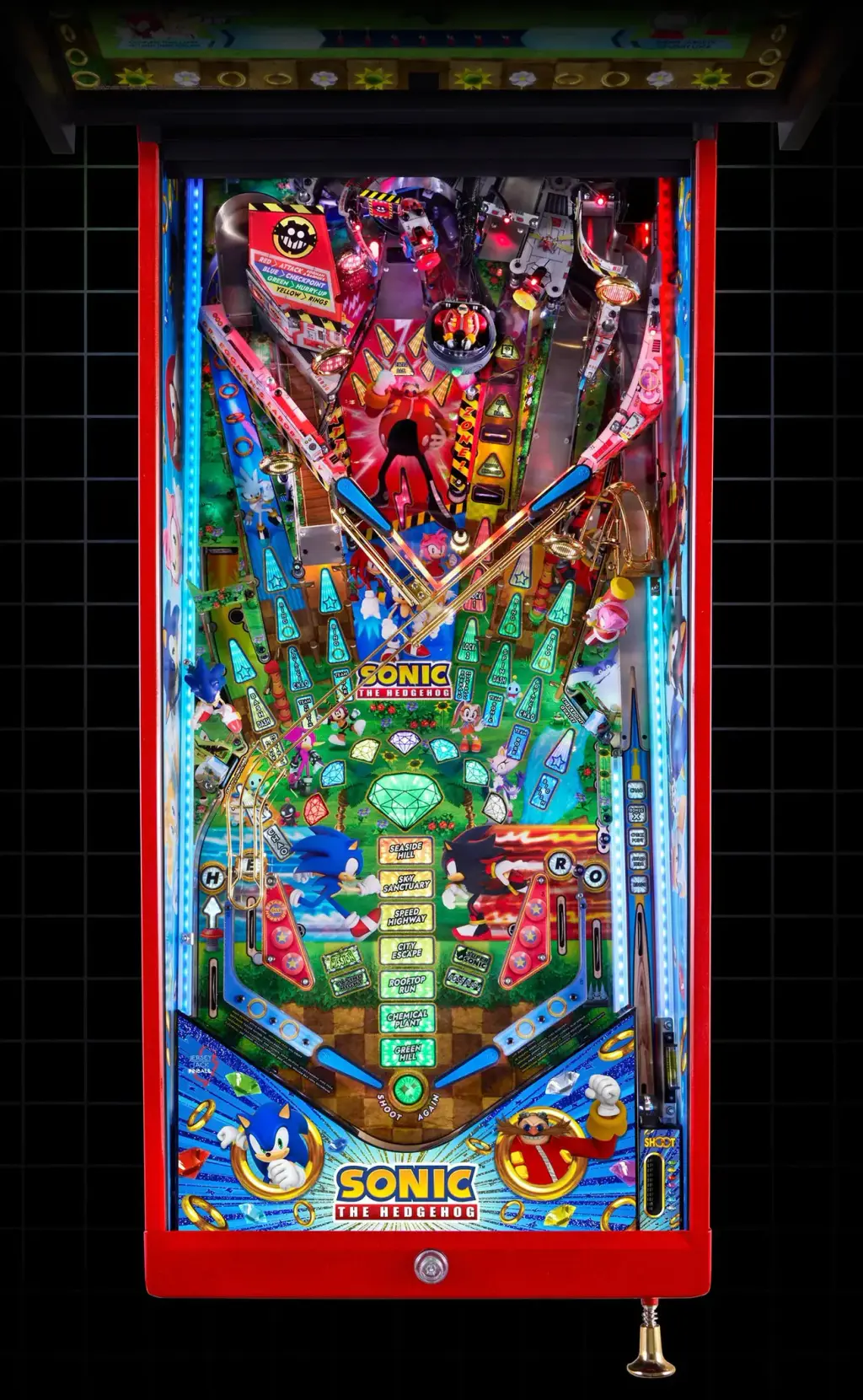 Visuel du fabricant : le plateau du flipper Sonic the Hedgehog vu de dessus, en entier, avec ses rampes, ses cibles et ses décors.