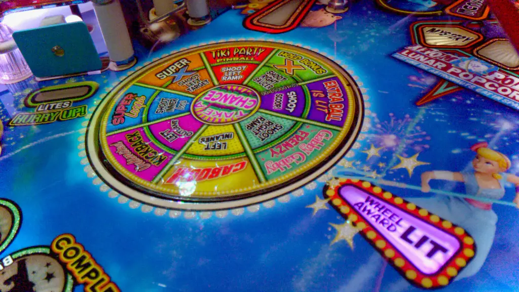 Sur le plateau du flipper Toy Story 4, la roue « Take a Chance » aux cases de couleur, entourée d’inserts éclairés.