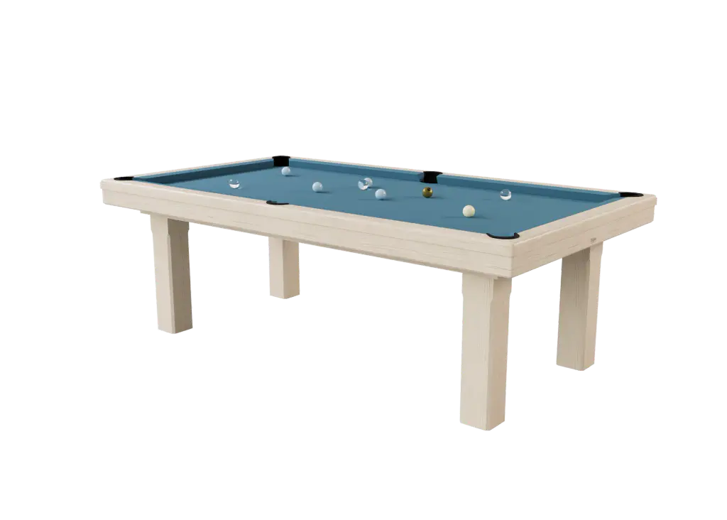 Visuel du fabricant : le billard Broadway, bois clair et drap bleu poudre, détouré, vu de trois quarts.