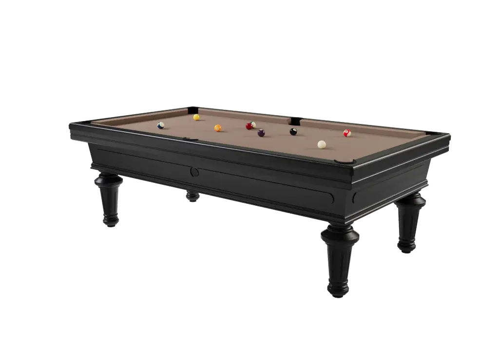 Visuel du fabricant : le billard Empereur, caisse noire et pieds tournés, drap beige, détouré, vu de trois quarts.