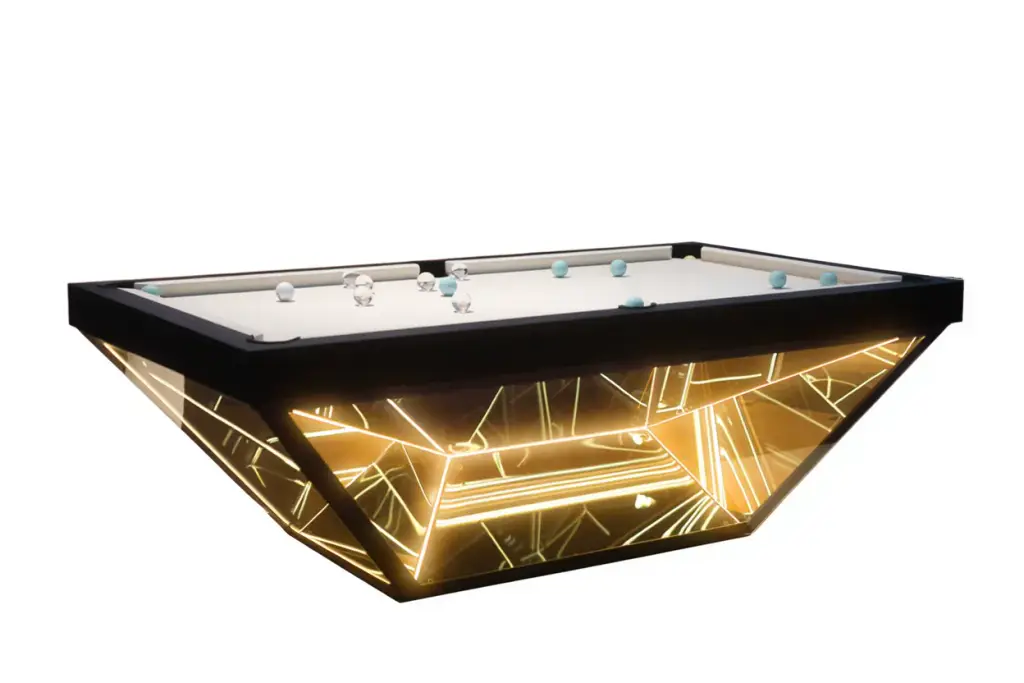 Visuel du fabricant : le billard Infini, une caisse noire en forme de coque dont les flancs de verre portent des lignes lumineuses dorées.