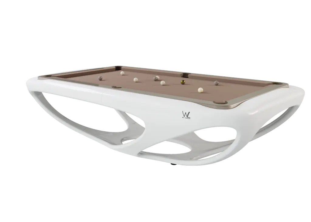 Visuel du fabricant : le billard Whitelight, une coque blanche sculptée, ajourée, drap beige, détouré.