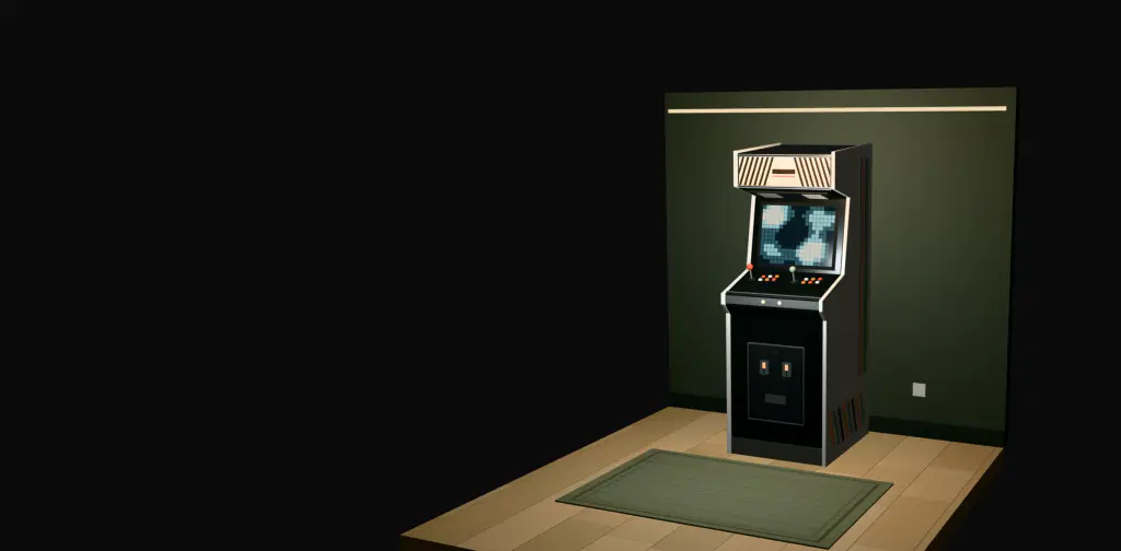 Vue en trois dimensions d’une borne d’arcade debout, adossée à un mur vert sombre dans une pièce éteinte : fronton rayé, écran allumé, pupitre à deux manches.