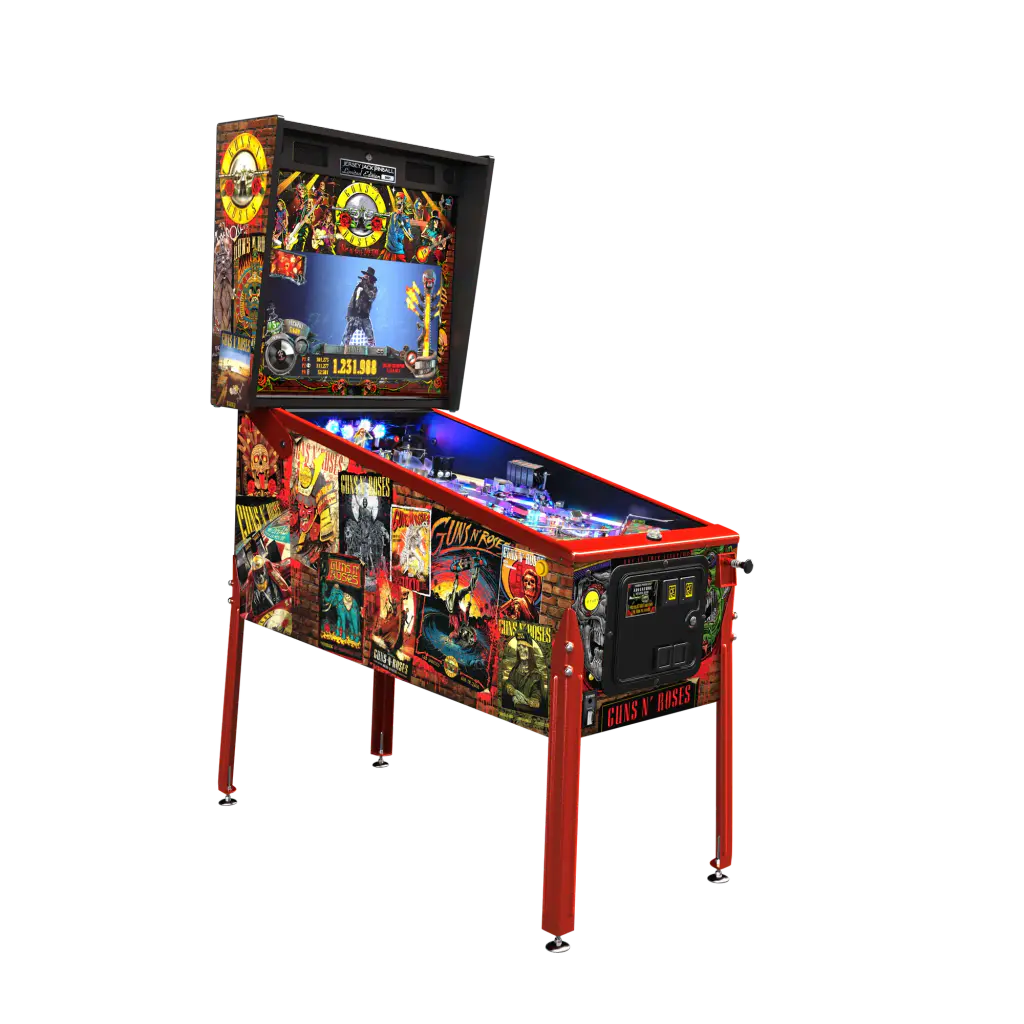 Un flipper Jersey Jack Pinball entier, vu de trois quarts : pieds rouges, caisse sombre, fronton à écran.