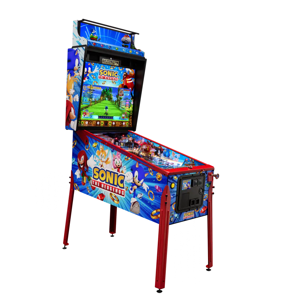 Un flipper Jersey Jack Pinball entier, vu de trois quarts : pieds rouges, caisse bleue, fronton à écran.