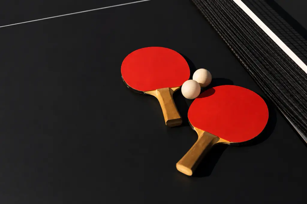 Deux raquettes rouges et deux balles posées sur une table de ping-pong noire Maison Toulet, près du filet.