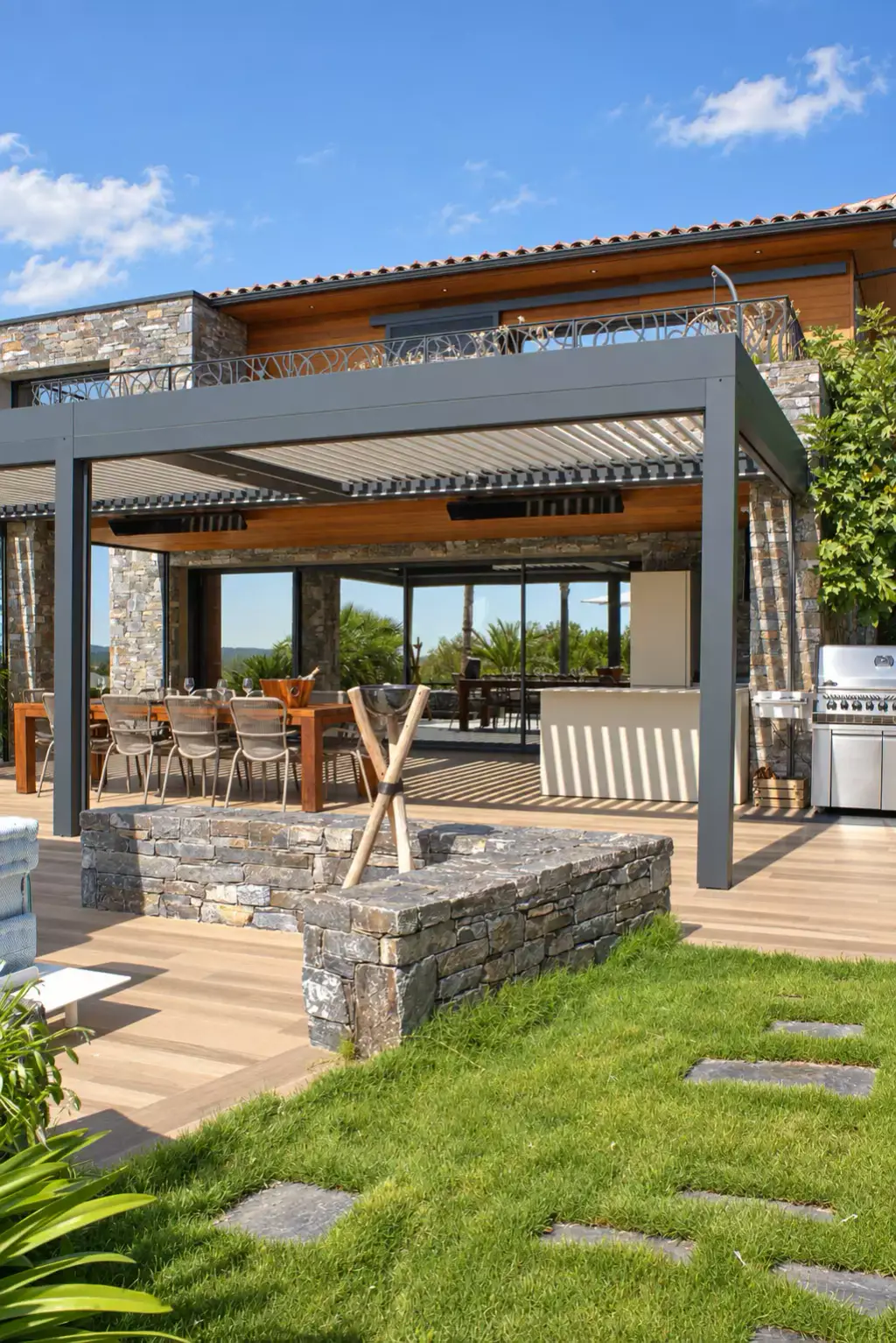 Pergola bioclimatique gris anthracite adossée à une villa en pierre et bois : la table et la cuisine d’été dessous, un muret de pierre sèche et la pelouse devant.