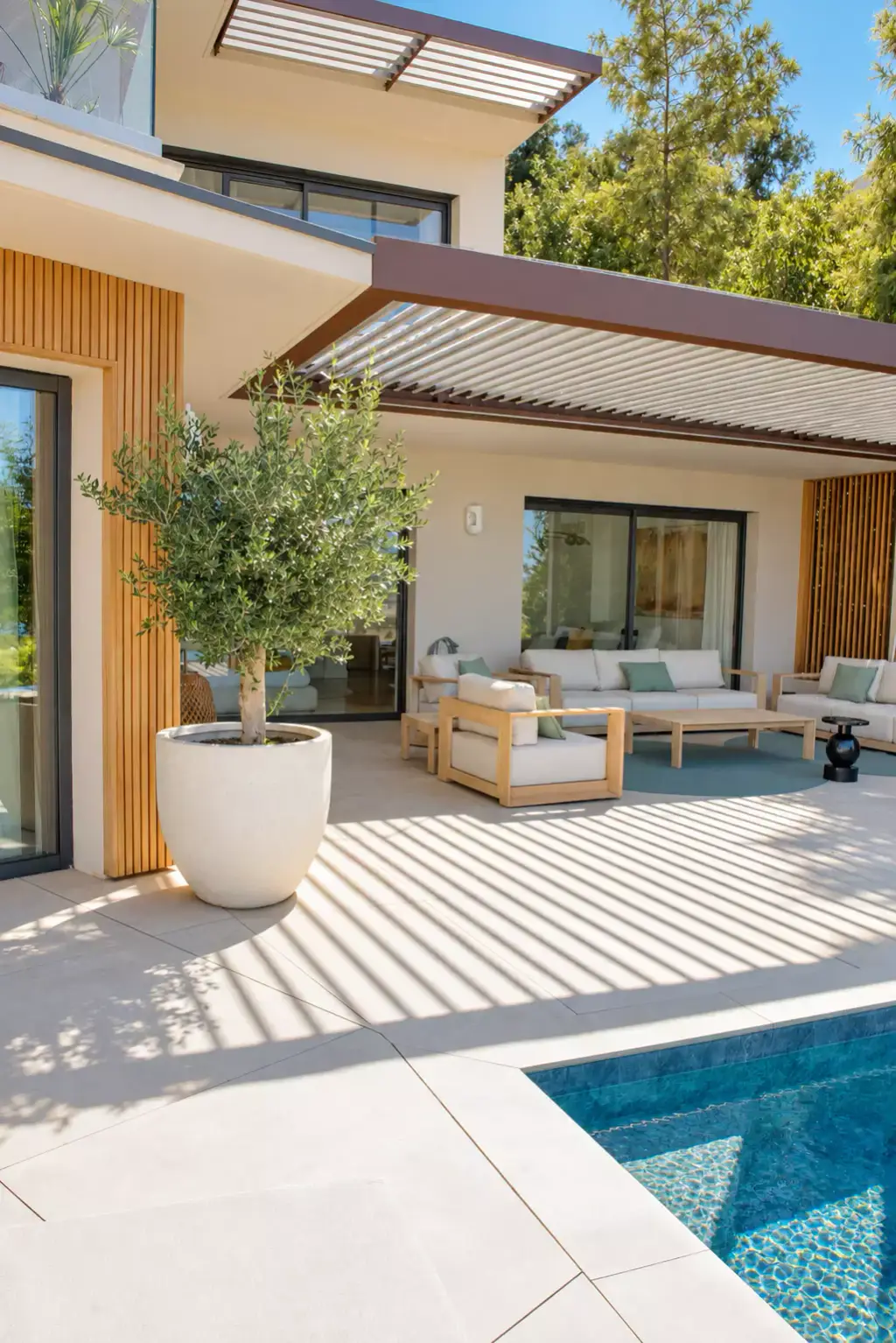 Pergola bioclimatique adossée à la façade, vue depuis l’angle de la piscine : olivier en pot blanc, salon d’extérieur en teck et, à l’étage, une casquette à lames.