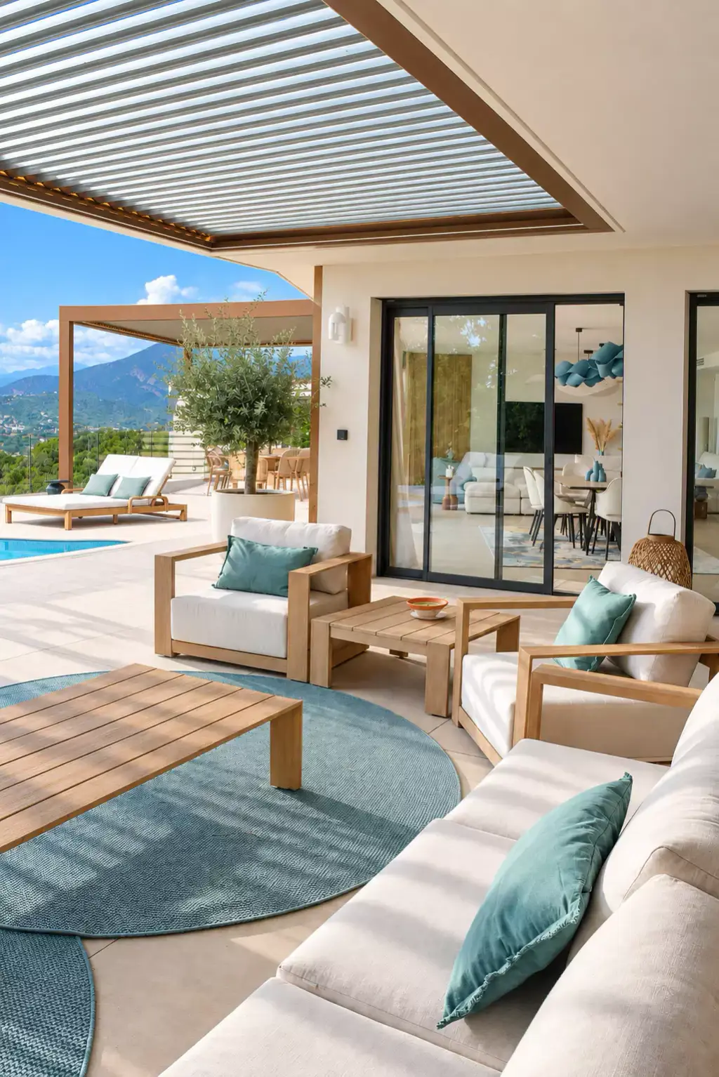 Outdoor lounge seen from above under the pergola: ecru sofa with blue-green cushions, teak coffee table on a round rug, armchairs, the house’s glazing.