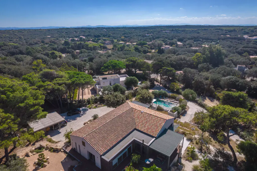 Vue drone large par l’arrière : maison à toit de tuiles en L et toiture verte de la pergola, piscine derrière, entourées de pins et de maquis jusqu’à l’horizon.