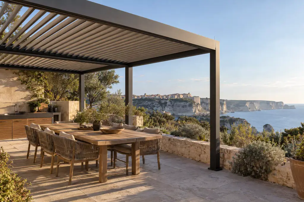 Pergola à lames d’aluminium gris foncé au-dessus d’une table en bois et de fauteuils tressés, une cuisine d’été contre un mur de pierre, et au loin la haute ville de Bonifacio sur ses falaises blanches au-dessus de la mer.