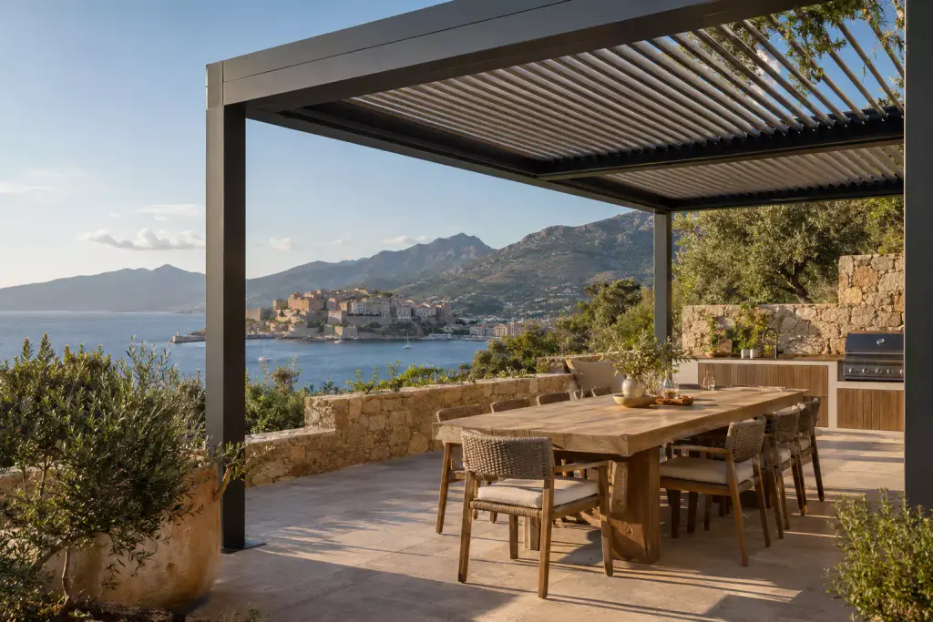 Pergola à lames anthracite au-dessus d’une terrasse dallée : grande table en bois, chaises tressées, cuisine d’été en pierre avec barbecue ; au fond, la citadelle de Calvi sur son promontoire, la baie et les montagnes.