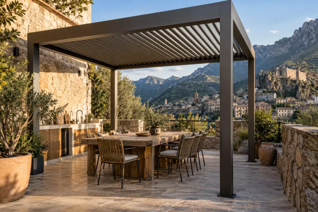 Pergola bioclimatique bronze à lames sur une terrasse dallée, contre une maison en pierre : grande table en bois, chaises tressées, cuisine d’extérieur, oliviers en pot ; au fond, une ville perchée, une citadelle sur son rocher et des montagnes.