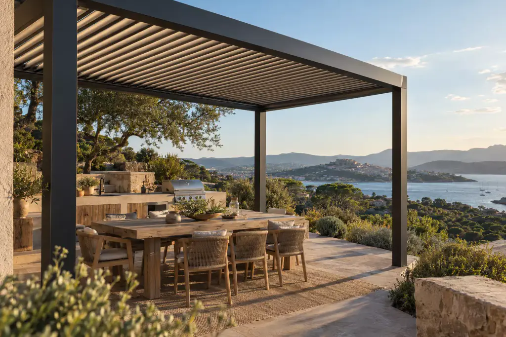 Pergola à lames gris anthracite au-dessus d’une longue table en bois et de chaises en corde, cuisine d’été en pierre avec barbecue, chênes ; au loin, un golfe, une vieille ville perchée et des voiliers.