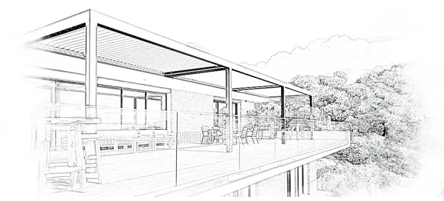 Croquis au trait : une terrasse sous une pergola bioclimatique, garde-corps en verre et arbres.