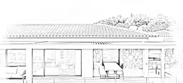 Line sketch: a villa with a tiled roof and its pergola.