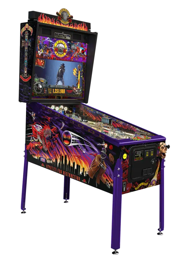 Visuel du fabricant : le flipper Guns N’ Roses, Collector’s Edition, détouré, vu de trois quarts avec son fronton et ses pieds.