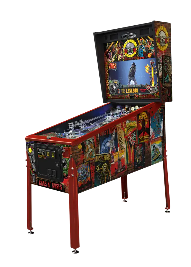Visuel du fabricant : le flipper Guns N’ Roses, Limited Edition, détouré, vu de trois quarts avec son fronton et ses pieds.