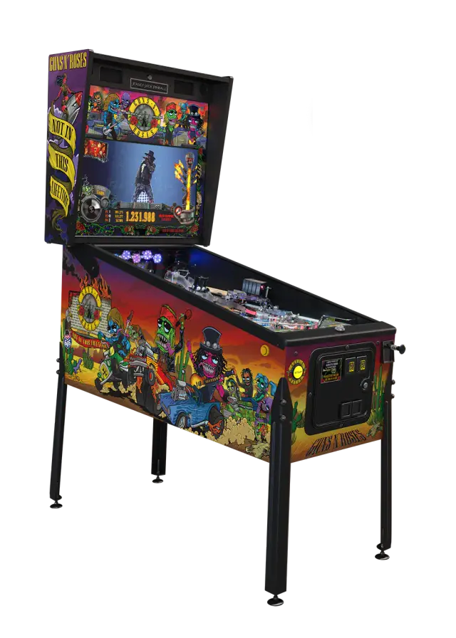 Visuel du fabricant : le flipper Guns N’ Roses, Standard Edition, détouré, vu de trois quarts avec son fronton et ses pieds.