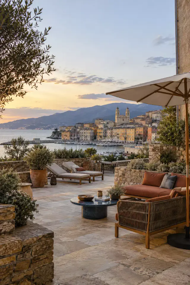 Terrasse dallée en hauteur au coucher du soleil, canapé en bois et coussins terracotta sous un grand parasol, table basse ronde, deux bains de soleil, oliviers en pots, murets de pierre, port et église à deux clochers au loin.