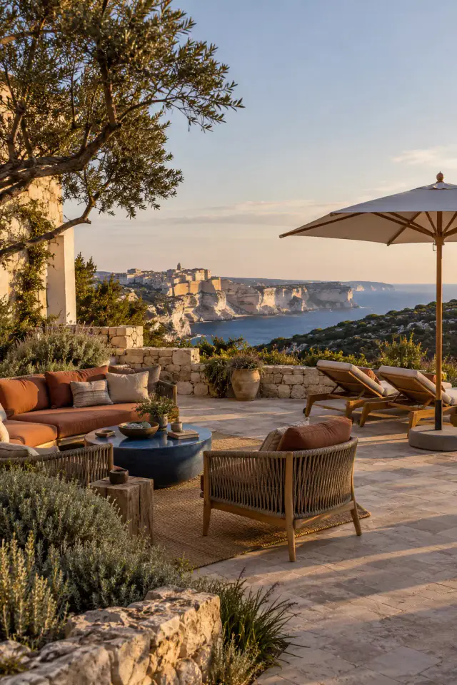 Terrasse dallée au soleil couchant : canapé aux coussins rouille, table basse bleue, fauteuil tressé, deux bains de soleil sous un parasol, murets de pierre sèche et lavande ; au loin, la haute ville de Bonifacio sur ses falaises au-dessus de la mer.