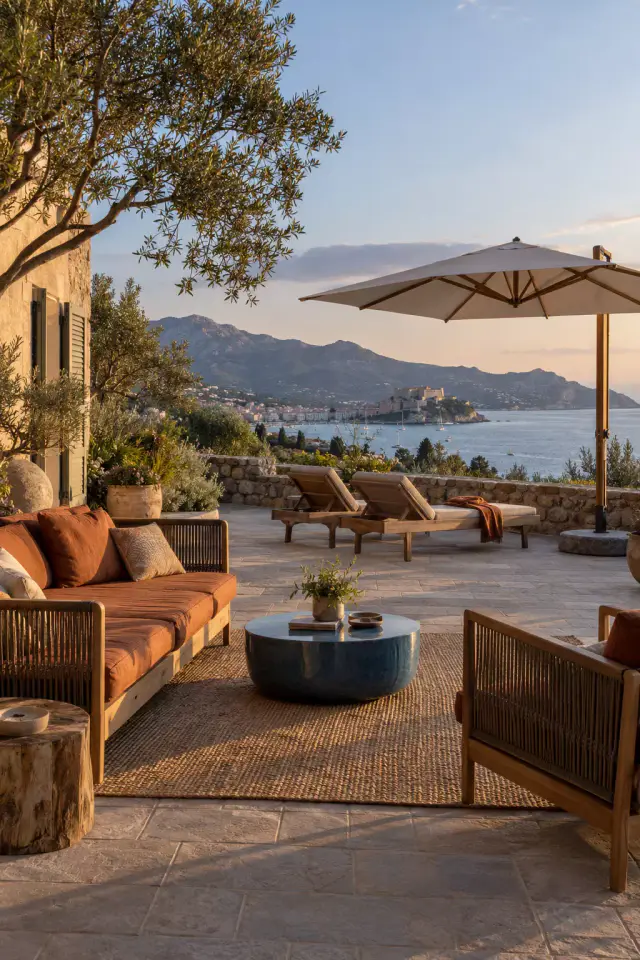 Terrasse dallée en lumière de fin de journée : canapé et fauteuil en bois et corde aux coussins terracotta, table basse ronde bleue sur un tapis de jute, deux bains de soleil et un parasol déporté ; un olivier et une façade de pierre à gauche ; au fond, la baie et la citadelle de Calvi.