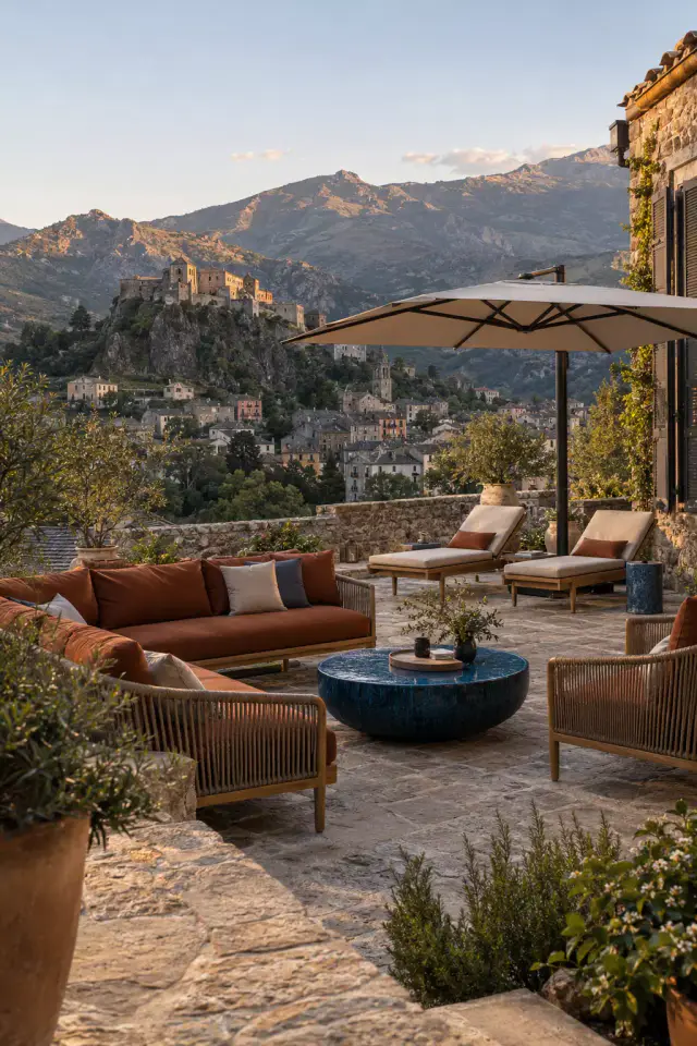 Terrasse de pierre au crépuscule : canapé d’angle aux coussins rouille sur un cadre de bois et de cordage, fauteuil assorti, table basse ronde bleu nuit, deux bains de soleil sous un parasol déporté, plantes en pot ; au fond, une citadelle sur son rocher, la ville en contrebas et des montagnes.