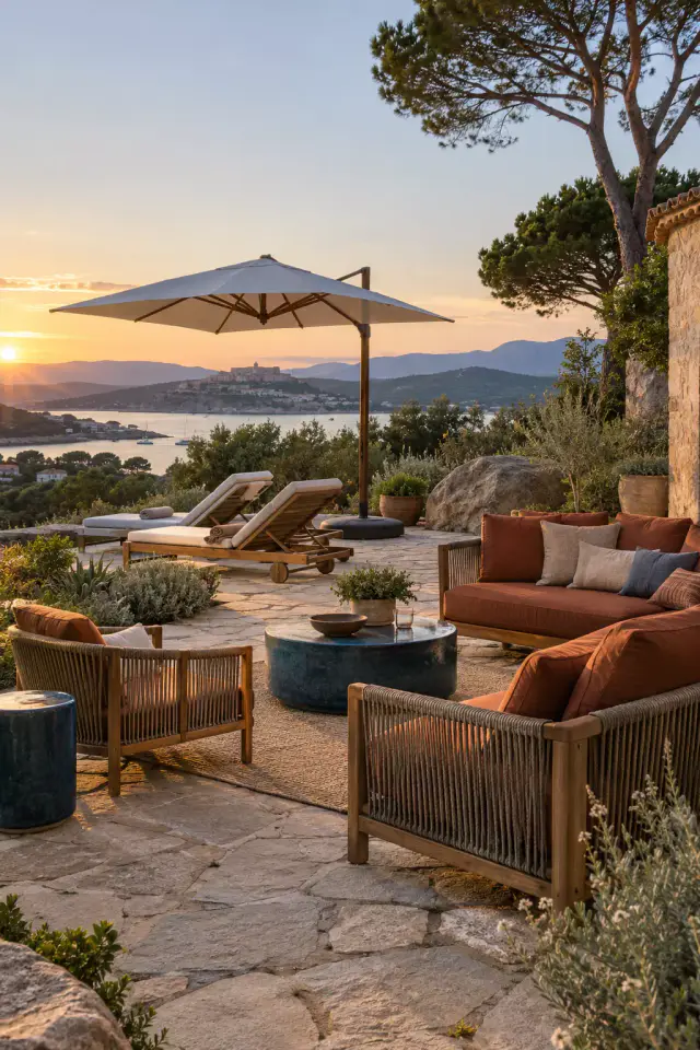 Terrasse dallée de pierre en lumière de fin de journée : canapés en bois et corde aux coussins rouille, tables basses en céramique bleue, deux bains de soleil sous un parasol déporté, un rocher de granit, des pins ; au loin, un golfe et une vieille ville sur sa hauteur.