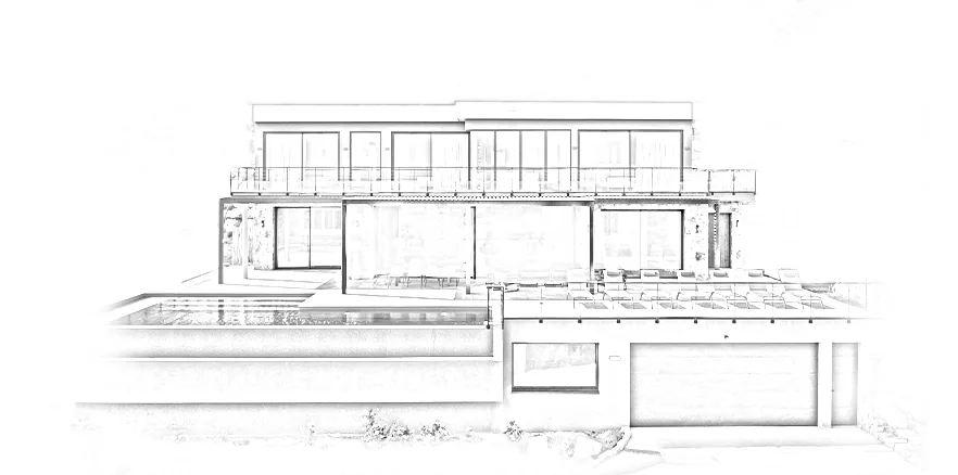 Croquis au trait : une villa sur deux niveaux, sa piscine et sa pergola.