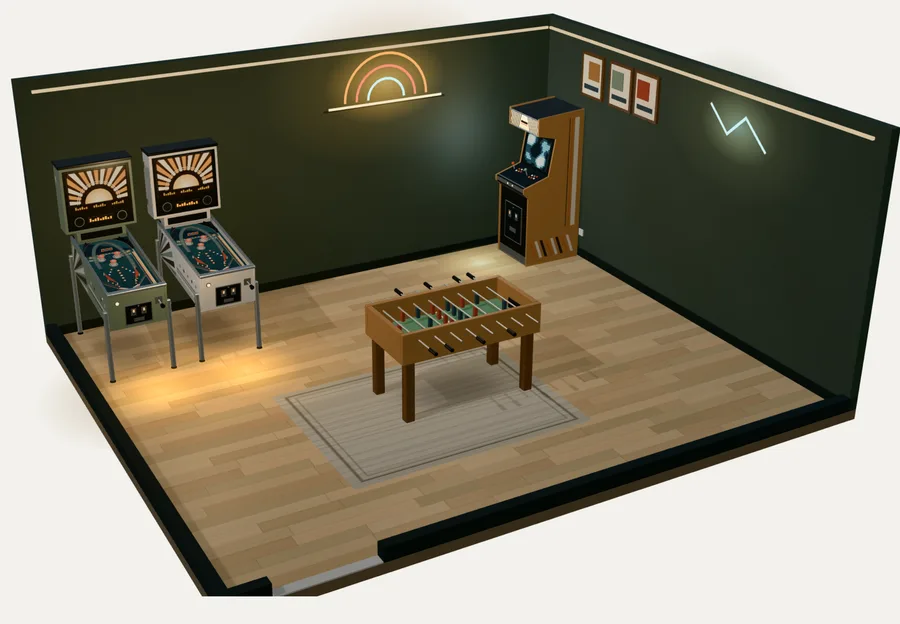 Maquette en trois dimensions d’une salle de jeux de 6 mètres sur 5 : deux flippers et une borne d’arcade dos au mur du fond, un baby-foot sur un tapis au milieu, un parquet, deux néons et un ruban lumineux en haut des murs, la porte au premier plan.